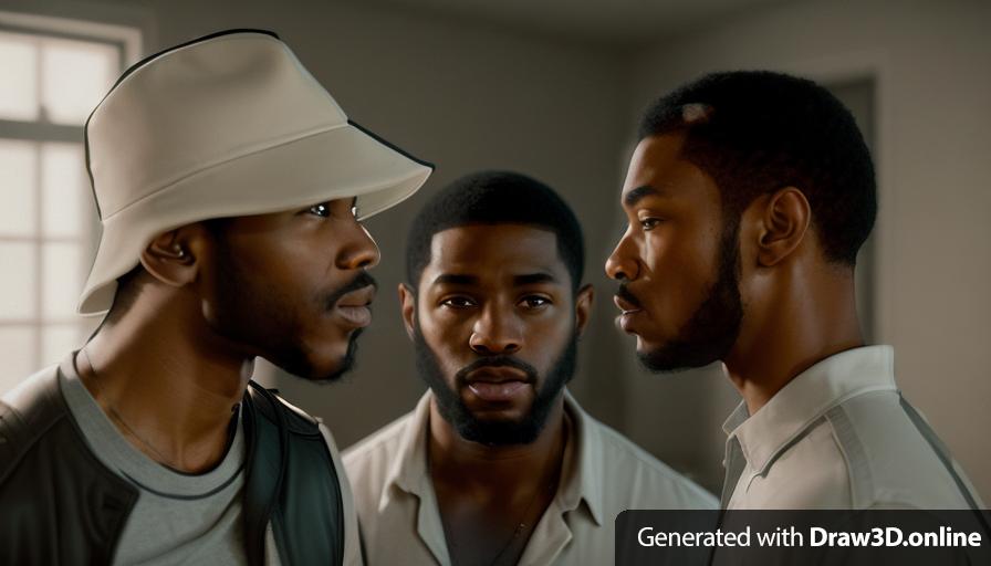 realistic unreal engine style image black men talking to each other in a room