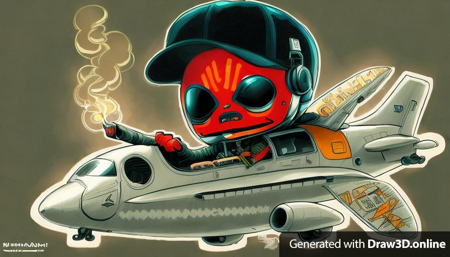 drawing of a alien wearing hip hop fashion flying a plane and smoking a cigar, artstation, behance