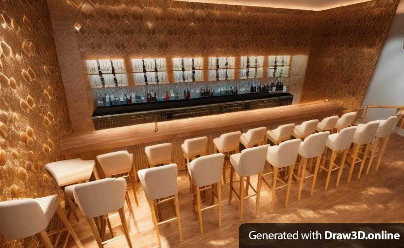 a §D rendering of a bar with 2 rows of 10 high chairs