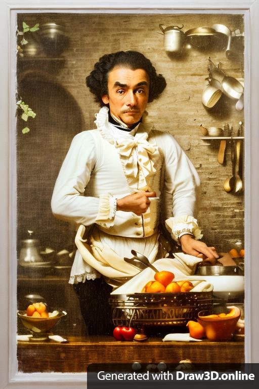 Portrait of a man of the 18th century, a white cook wearing a period white wig ending in a bow, a tight-fitting jacket with frills on the front and wrists portrayed in a kitchen