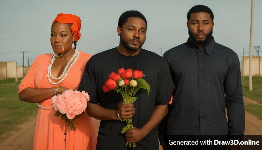 three black people standing next to each other 
the black woman  in the middle in the foreground is a woman with short hair she is the only one holding flowers
the black man  on the left is a 56 year old man  with a small goatee
the black man on the right has a beard 
dat time
cemetery in the background