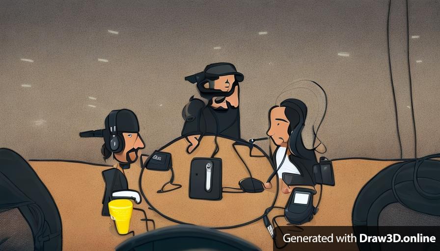 a man with a backwards cap, bearded, in his 30's long black hair, headphones,talking into a podcast microphone, to his right another man with a beard latino, in his 40's, black hair, baseball cap, with in-ear earphones, talking into a condenser microphone, to his right is a brunette latino woman in her 20's with long wavy hair and designer casual clothers, talking into a microphone they are all sitting at a table in a restaurant recording a podcast.