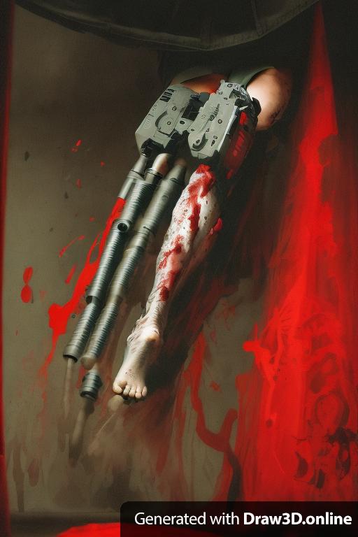 An ominous leg of a rabbit with bloody wounds. Demons are fighting around and there are bullets and guns on the ground.