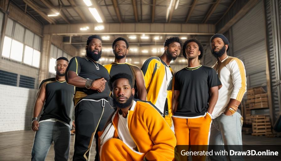 realistic unreal engine style image ,a group of black men with beards,  in a warehouse.
keep all clothing colours the same as original image.