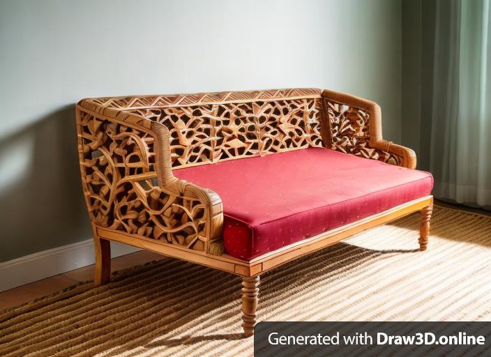 Sofa with pomegranate design wood carving and rattan weaving on the hand rail and top back, with light brown cushion, without legs