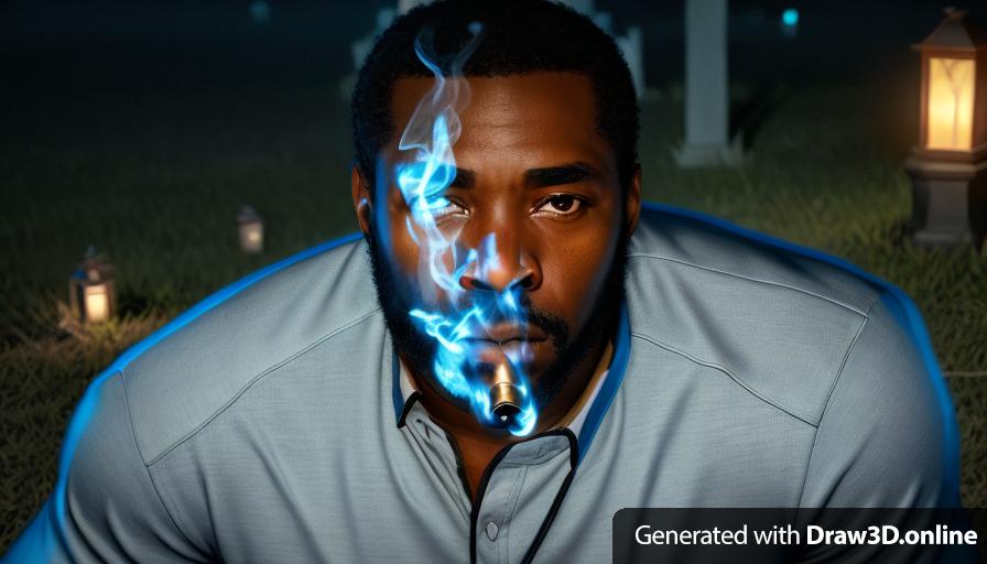 a realistic unreal engine style image close up at night of a serious black man wearing a blue shirt staring into the camera in a cemetery smoking a cigarette, with lanterns on the floor a man