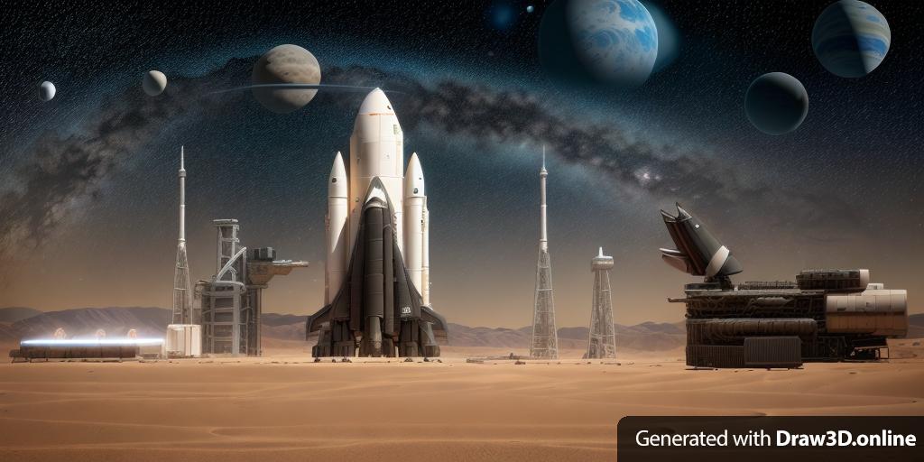 an ultra realistic render of dark space station with rocket and space shuttle and towers with starry night sky with huge ring planet in background and some sand dunes