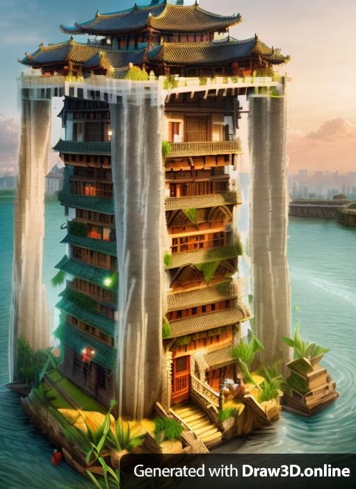 Fantasy art asian tower with solid pillars at its corners holding up top floors. It sits on a small island surrounded by a canal, beyond which a dense Asian medieval city hums with activity