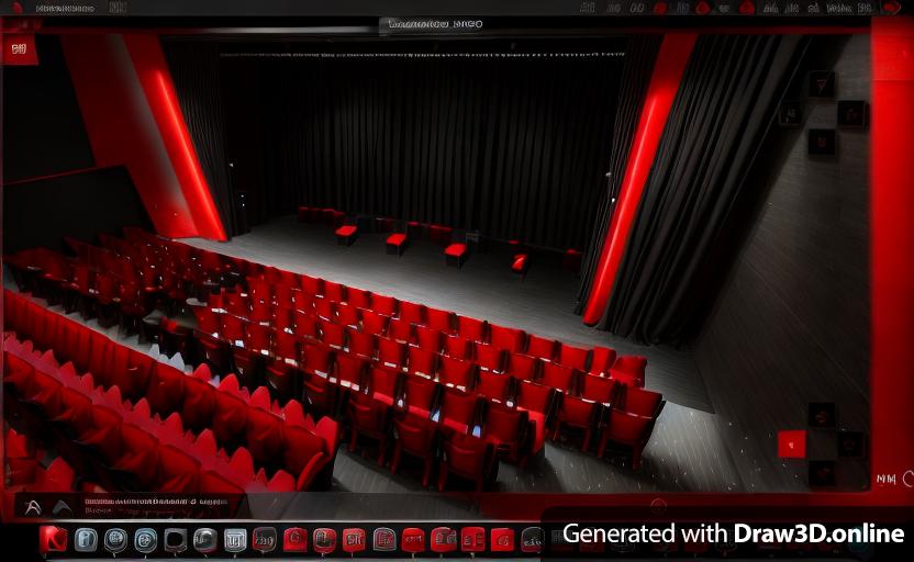 a 3d rendering of a magic theater with black curtains and red and black seats and black stage floor