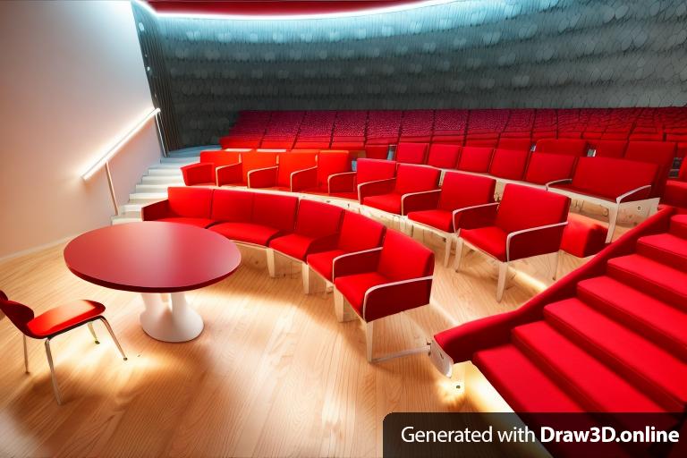 a 3d rendering of an auditorium with red chairs and a table