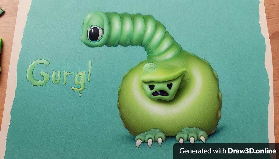 There is a drawing of a green slimy alien creature. It has one eye, on a long, bendy neck. It has one big body with a mouth. The mouth has dark green lips, an in the mouth are two sharp white teeth and a light blue tongue. It has no arms, but two feet. Each foot has three toes with long, sharp, grey nails.