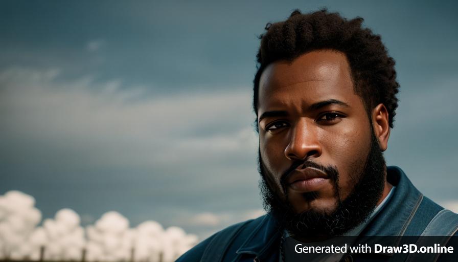 realistic unreal engine  style, image  of a black  man with a beard and a clean cut, wearing blue overalls looking sad , graveyard in the back ground