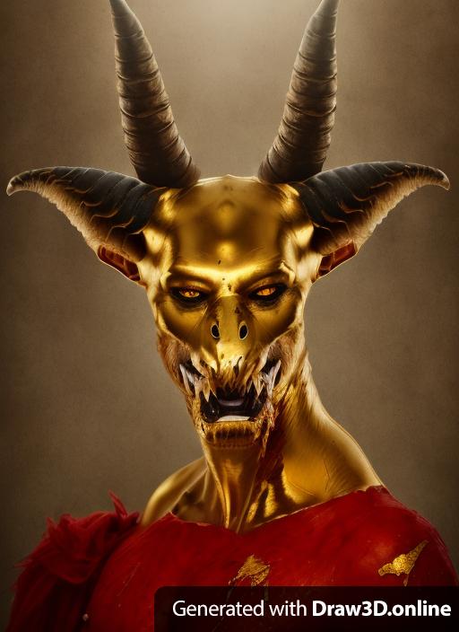 A portrait of a creature, with ripped bloody mouth, and golden horns.