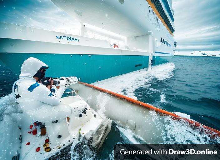 a photographer in the zodiac boat in the snow near a cruise ship making pictures of a man in the swimming suite jumping out from the door at the side of the ship. Make a funny cartoon style picture of this scene and add a breaching whale