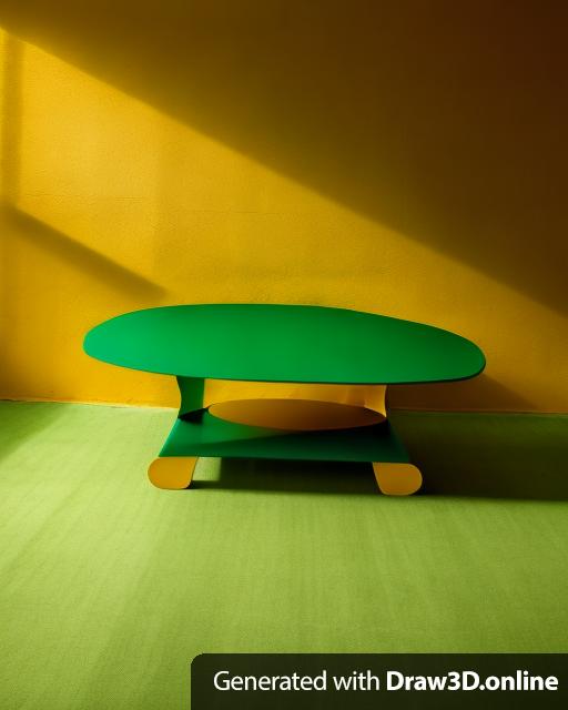 A yellow coffee table with a green base.