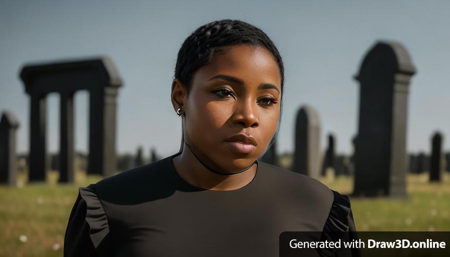 realistic unreal engine style, image of a black woman with short hair , dressed in black , at a funeral 
open field  exterior cemetery in the background 
looks very sad
day time