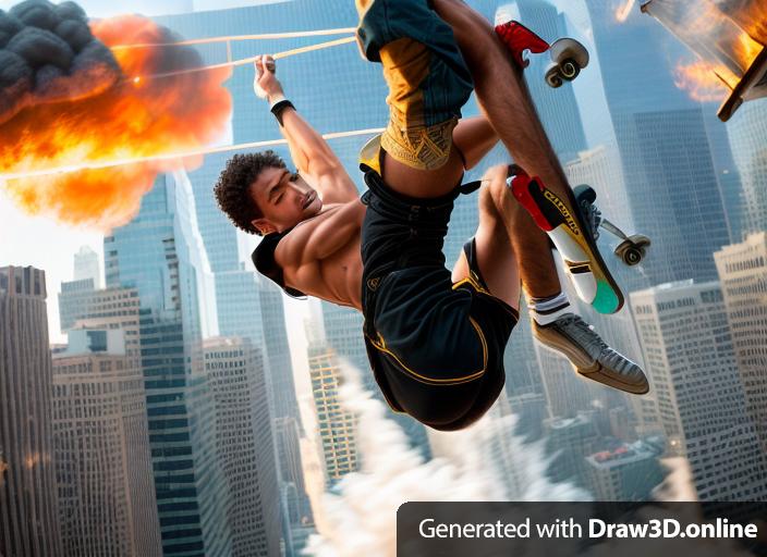 Fantasy art of skater doing trick over burning trump tower