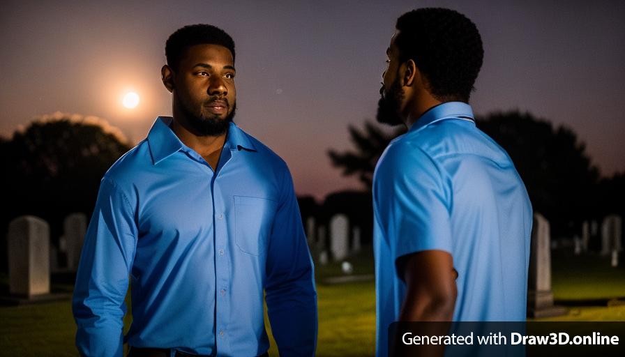 two black men in blue shirts  men talking to each other
in a cemetery 
at night