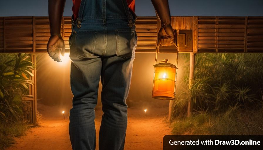 an illustration of an African man, wearing overalls holding a lantern in front of a GatE AT night