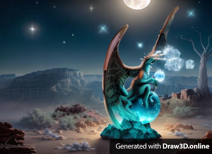 A dragon sitting atop a faceted crystal ball at night under a full moon, casting it's shadow across the plateau above a cliff, with a smaller outcropping and a tree in the background, also casting their shadows on the survace.