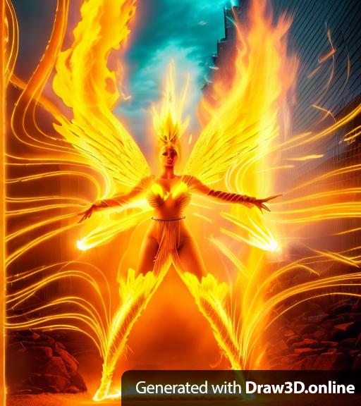 a photo of a woman radiating yellow power shaped like a giant flaming firebird