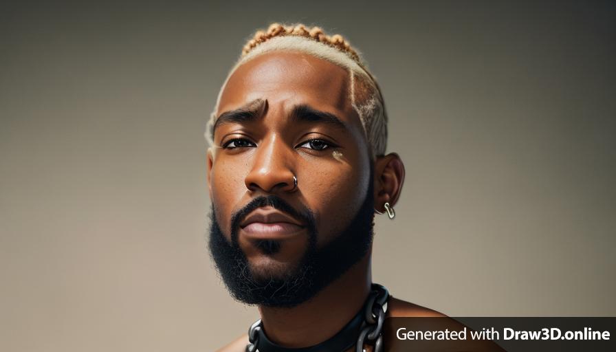 realistic unreal engine style  a black man with blonde hair, with a beard and a chain around his neck
has a swollen black eye