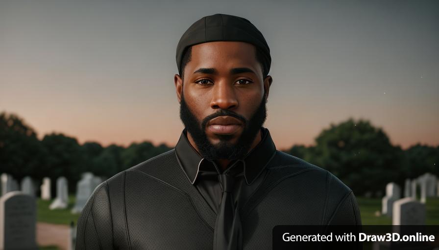 realistic unreal engine style, image of a black man with a beard , dressed in black , at a funeral 
open exterior cemetery in the background
looks sad