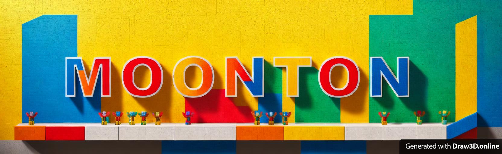 Decorative paintings built entirely of LEGO blocks are hung on the wall, with a colorful background of LEGO blocks and raised English letters. There are many three-dimensional LEGO figures on the lower edge of the decorative painting, 3D modeling, 4K