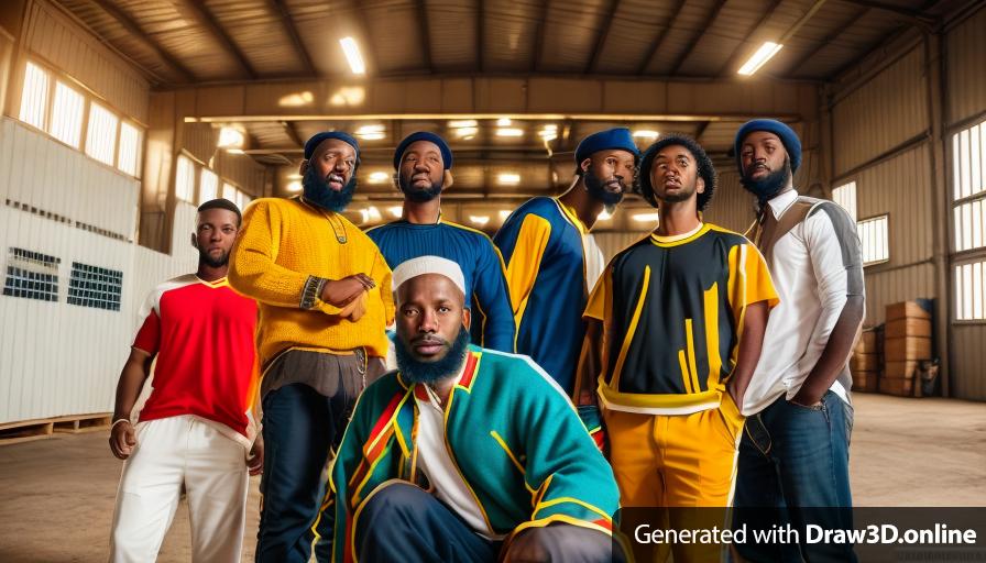 realistic unreal engine style image ,a group of African men with beards,  in a warehouse.
keep all clothing colours the same as original image.