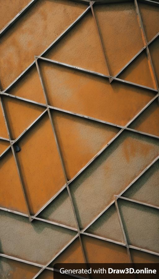 The white geometric lines are made out of large, rusty deteriorated, iron pipe on a background of deteriorated cement with rust stains