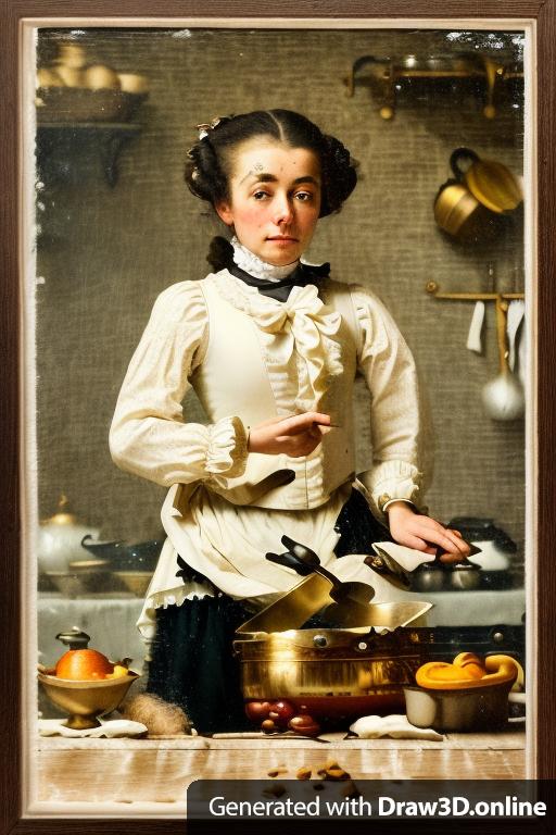 Portrait of an 18th century white cook wearing a period wig ending in a bow, a tight-fitting jacket with frills on the front and wrists portrayed in a kitchen