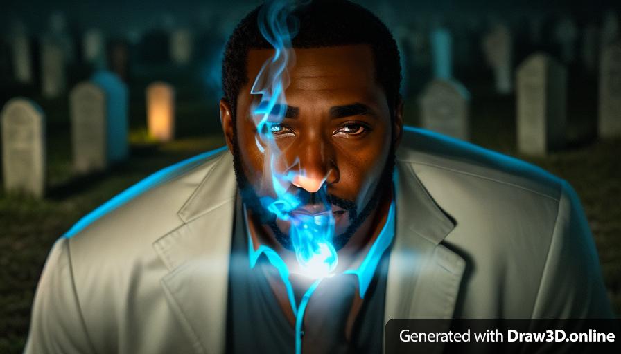 a realistic unreal engine style image close up at night of a serious black man wearing a blue shirt staring into the camera in a cemetery smoking a cigarette, with lanterns on the floor a man