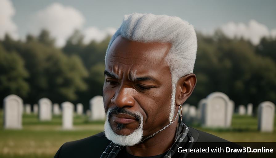 realistic unreal engine style, image of a 65 year old black man with a grey small goatee , dressed in black , at a funeral 
open field  exterior cemetery in the background 
with a red necklace
day time