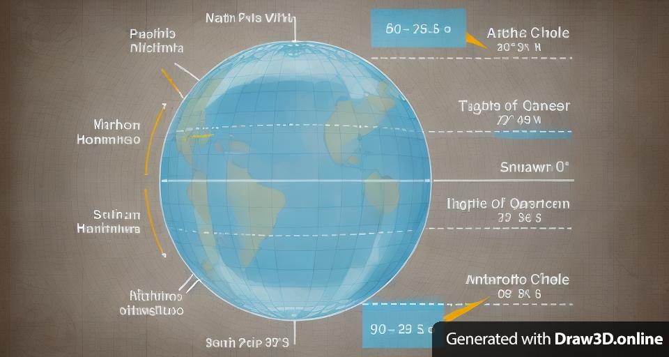 Draw a highly detailed diagram showing the locations of the earth's poles, and all the main circles