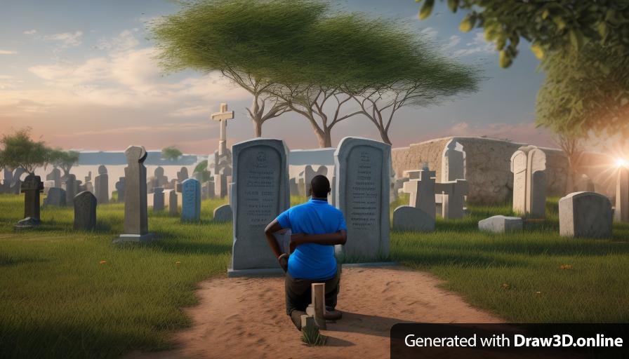 realistic unreal engine style  image  an African man  wearing a blue shirt, kneeling in front of two graves, tombstones in the background