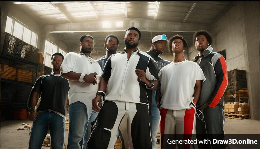 realistic unreal engine style image of a group of black men standing in a warehouse