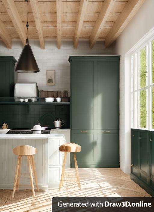 High-end kitchen, more light, small brick floor laid in herringbone pattern, dark green cabinets, luxury, british, glazed exterior doors on right-hand side with view to garden covering whole wall, cream walls, stools with wood legs, marble worktop and back splash