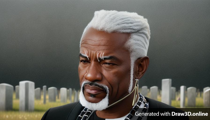 realistic unreal engine style, image of a 70 year old black man with a grey small goatee , dressed in black , at a funeral 
open field  exterior cemetery in the background 
with a red necklace