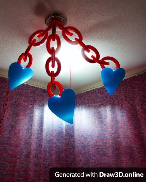Light fixture made of blue acrylic chains and red hearts hanging from a ceiling from a side view.