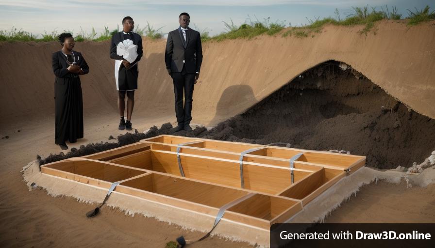 a group of  black people people at a funeral standing next to a casket is being lowered into  a hole in the ground