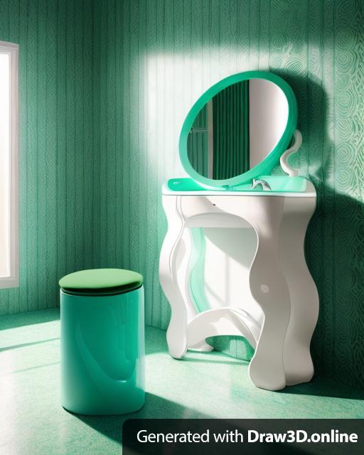 A primary blue wavy and tubular vanity with a green circular mirror and snake decals on the vanity. A  green tubular stool is sitting near the vanity.