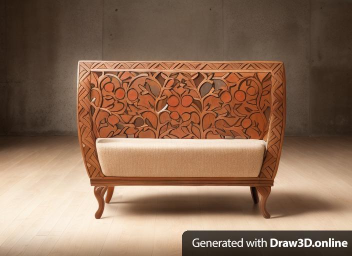 2 chair ls with wood carved in pomegranate inspiration, with light brown bottom cushion.