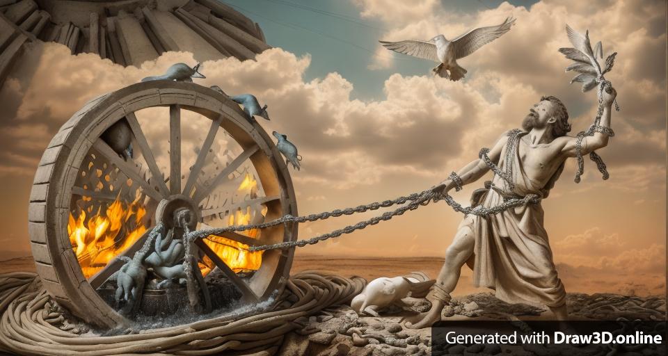 Concrete sculpture of a man chained to a flaming wheel with rats on it and looks up to the heavens above and the heavenly dove