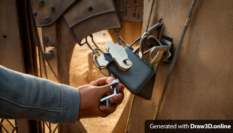 realistic unreal engine style image an African hand is holding a padlock in front of a gate