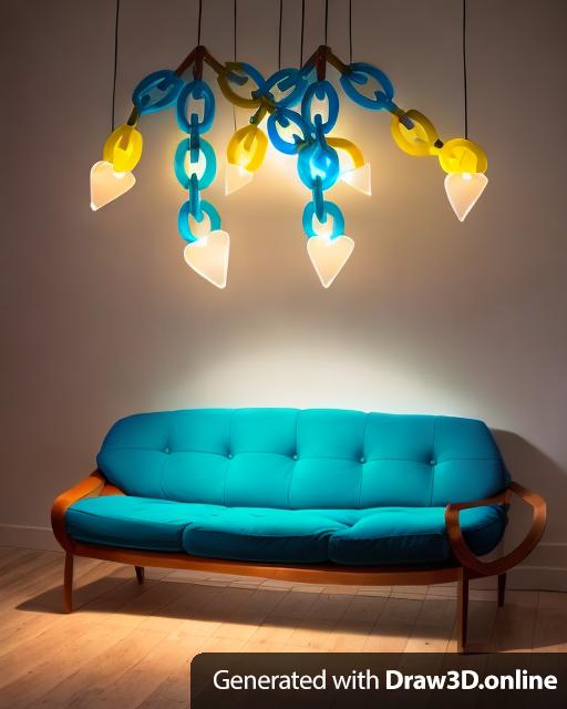 A light fixture made of clear blue chains and hearts at the end hanging about a dark yellow couch.