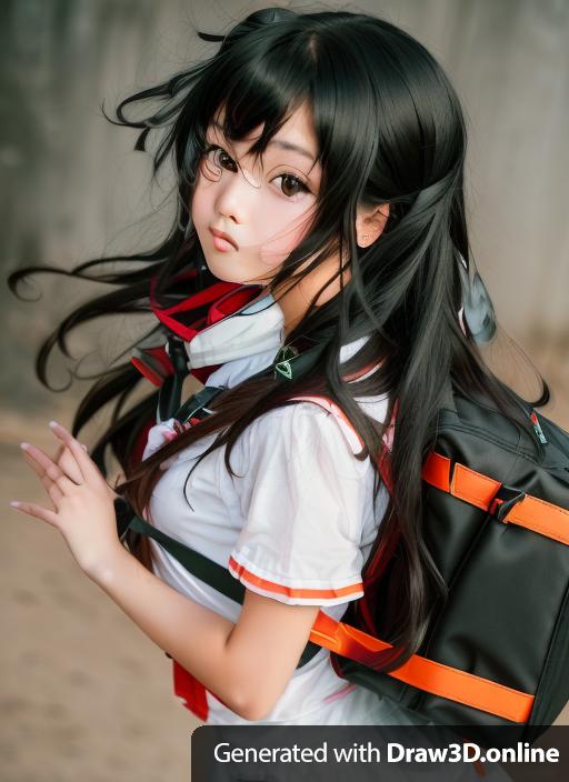 a girl with long black hair holding a backpack, anime girl