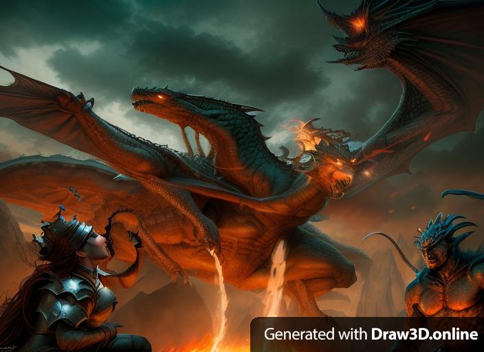 Fantasy art action comic scene single panel of a queen riding her dragon fighting a balrog (bottom left) and a pit fiend (bottom right). Dark fantasy art style