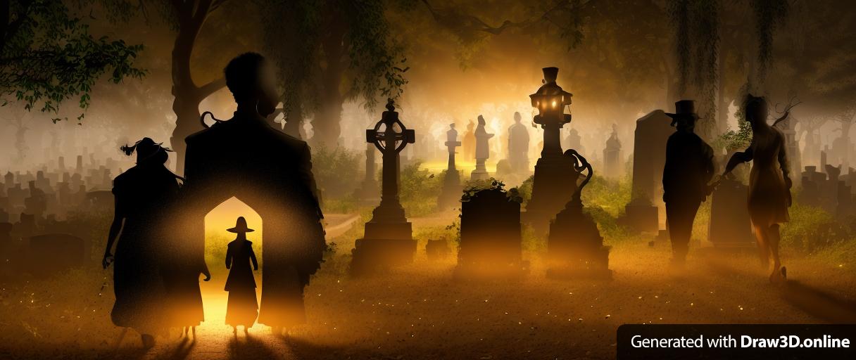 realistic unreal engine style image  a silhouette  from behind of only  two African people,   walking in a dark cemetery with a lantern the only light large trees in the back ground at night