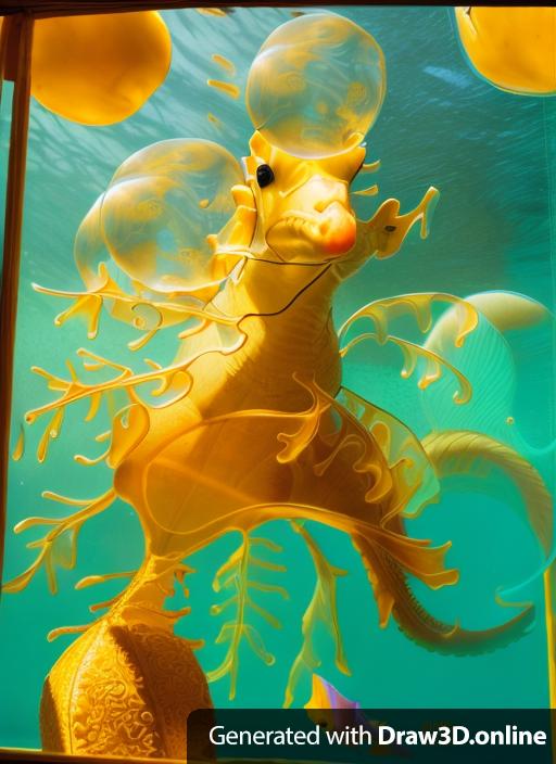 Renaissance painting surreal underwater scene of sunlit seahorse surrounded by bubbles