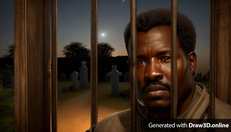 a Realistic unreal engine style image of a African  man behind a gate  a cemetery lurks  the background, its night time